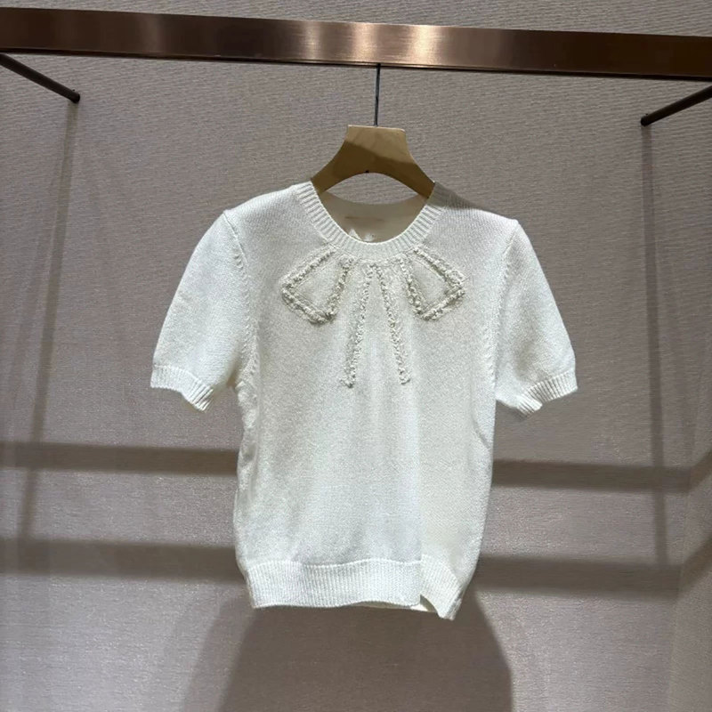 Moshu Weiya 2026 Autumn New Collection: Bow-Tie Round Neck Short-Sleeve Knit Top, XSJ4M30D