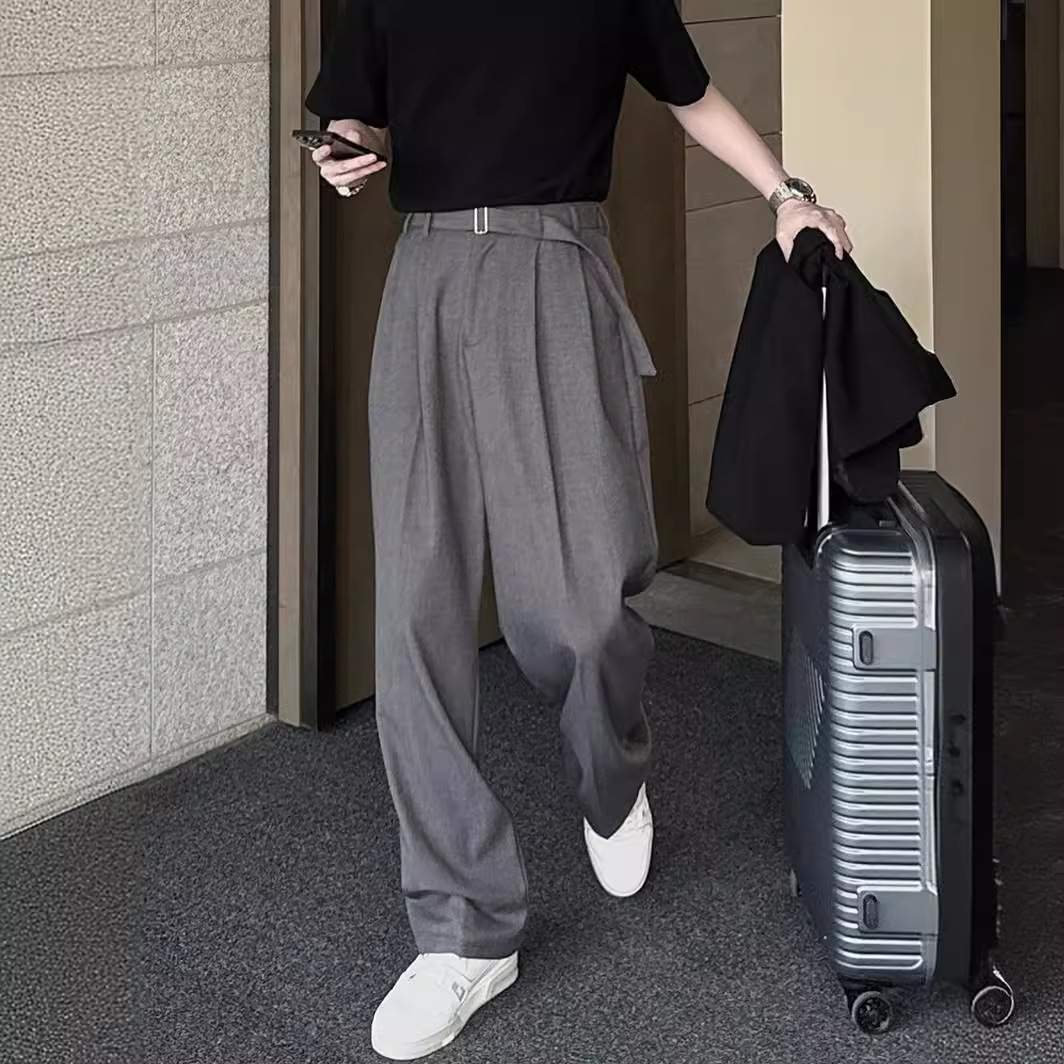 Draping belt suit pants quality Korean style loose four seasons straight pants high-grade gray Korean style men's drop pants