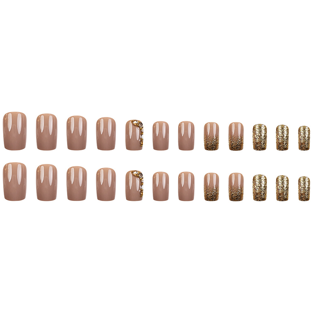 Comercio exterior oro brillante diamante desnudo marrón vestir uñas ins estilo europeo y americano uñas 24 piezas uñas falsas al por mayor