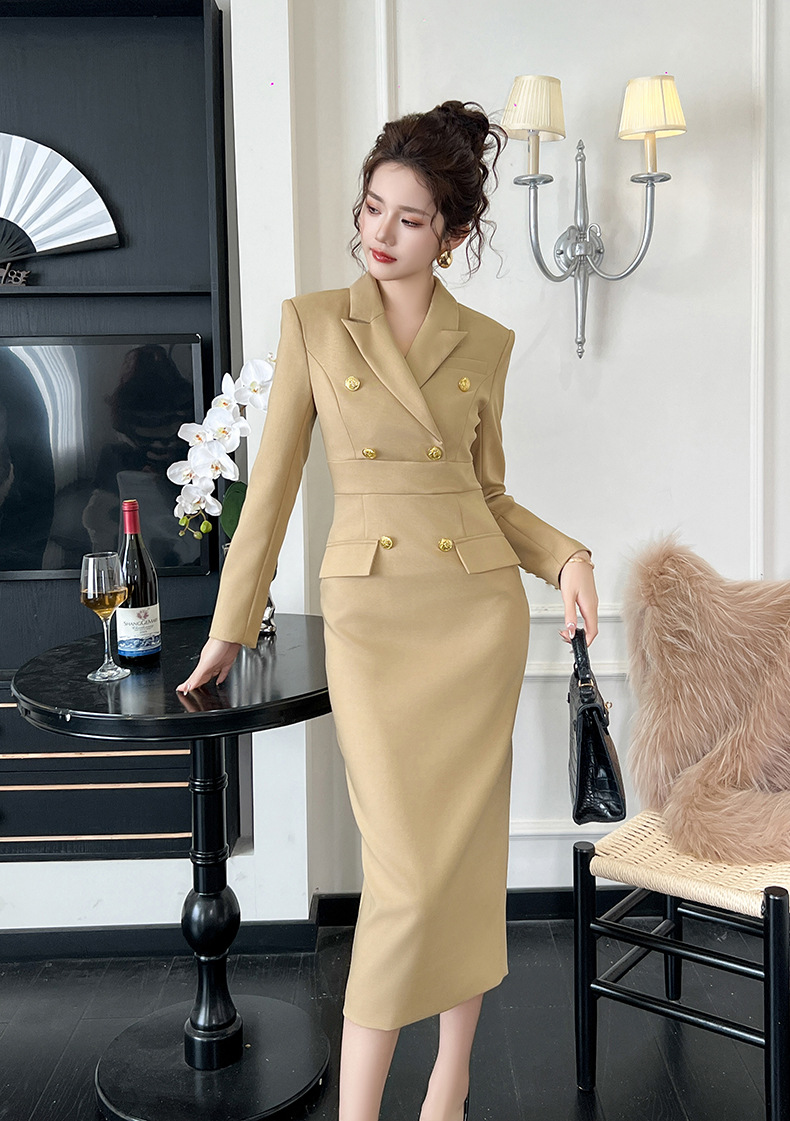 Đầm bodycon công sở cổ vest ôm eo chân váy dài — Màu vàng camel chi tiết 8