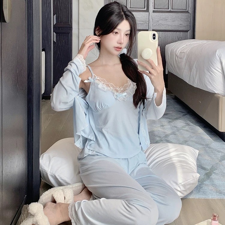 모델 면 봄과 가을 긴 소매 달콤한 귀여운 잠옷 소녀의 세트 분리 가능한 가슴 패드 홈 옷 레이스