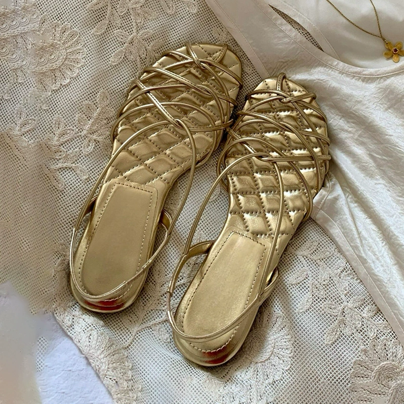Retro woven summer universal sandals, french style, thin strap