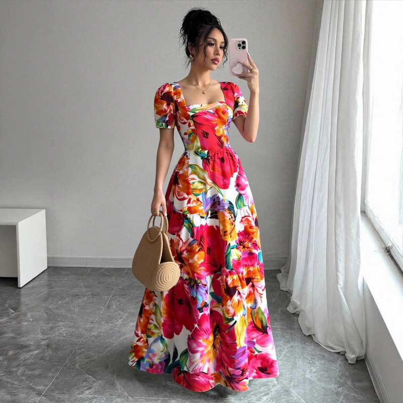 2025 European and American Retro Printed Splicing Long Dress Fashionable Holiday Date Elegant Square Neck Long Dress