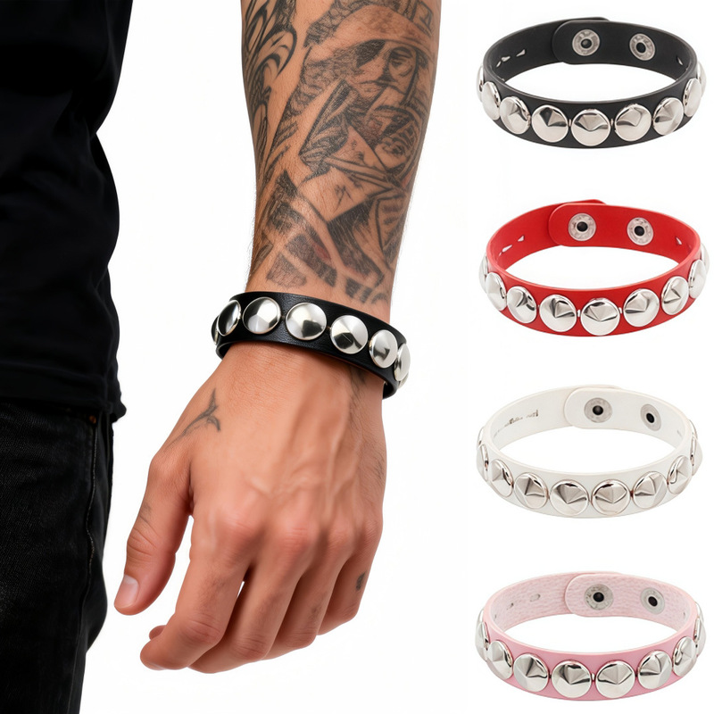 Eco-Friendly Pu Leather European and American Non-Mainstream Fashion Punk Round Pointed Rivet Bracelet Stainless Steel Snap Button Premium Bracelet Bangle Eco-Friendly Pu Leather European and American Non-Mainstream Fashion Punk Round Pointed Rivet Bracelet Stainless Steel Snap Button Premium Bracelet Bangle