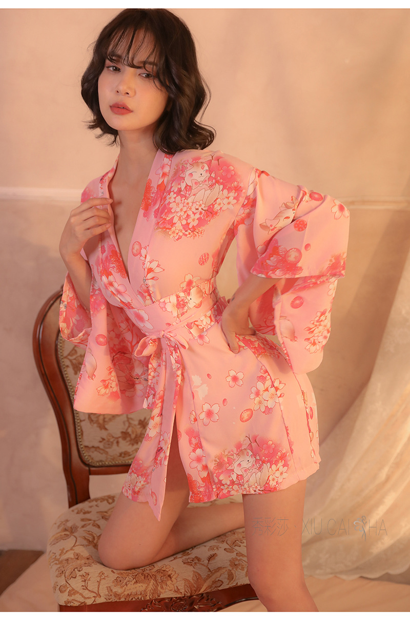 Sakura Cat Japanese Kimono Chiffon Nightgown Robe Set with Belt and Thong — detail image 12