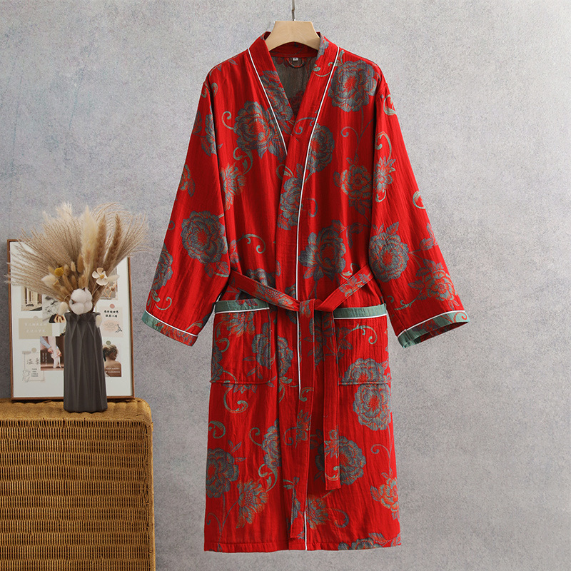 双层纱布薄浴袍国风复古夏棉睡袍男女可穿睡吸水浴衣一件代发