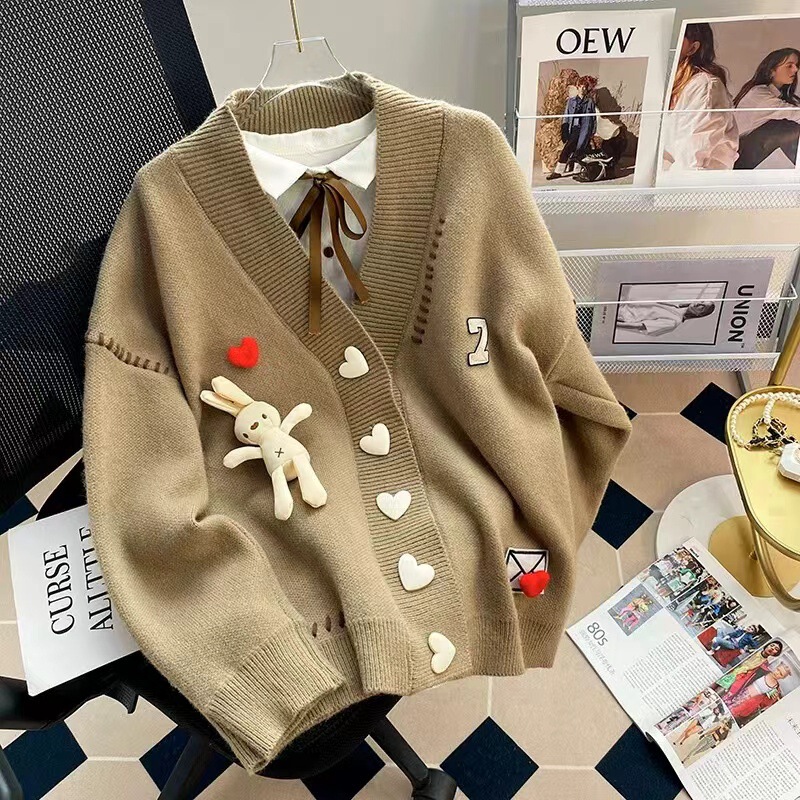 Design Sense Niche Love Rabbit Sweater Coat Women's Autumn 2023 New Loose Lazy Style Knitted Cardigan