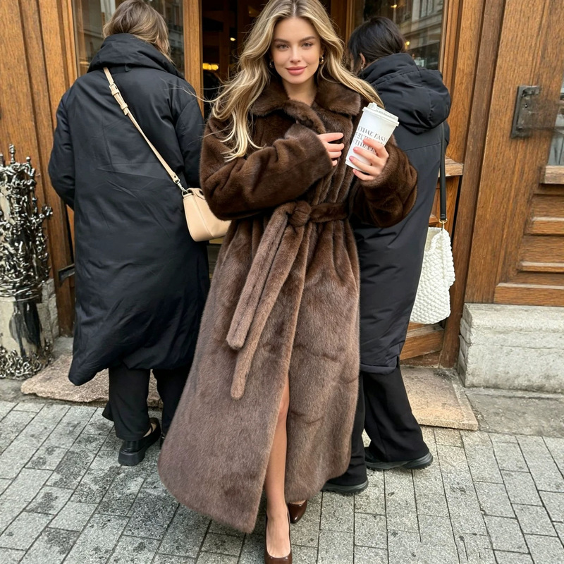 Foreign Trade Faux Mink Fur Coat, Eco-Friendly Fur, Long Coat, Cross-Border Women's Clothing, Belted, Thickened, Warm, Winter, Plus Size