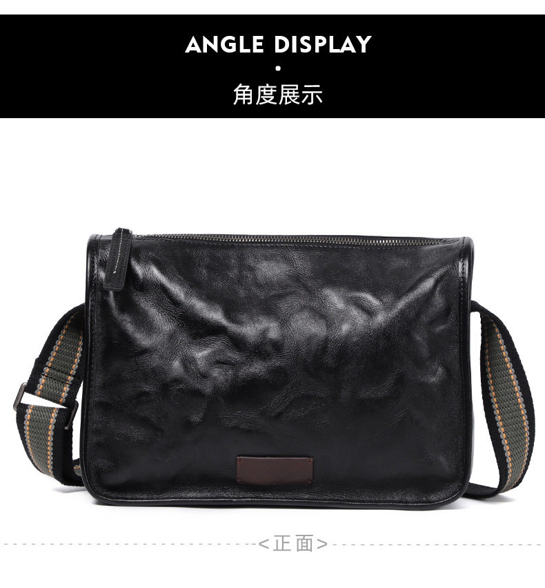 Túi đeo chéo nam da bò kiểu retro 29×11×17 cm — Màu đen da thực vật, Da cầm tay màu đen chi tiết 22