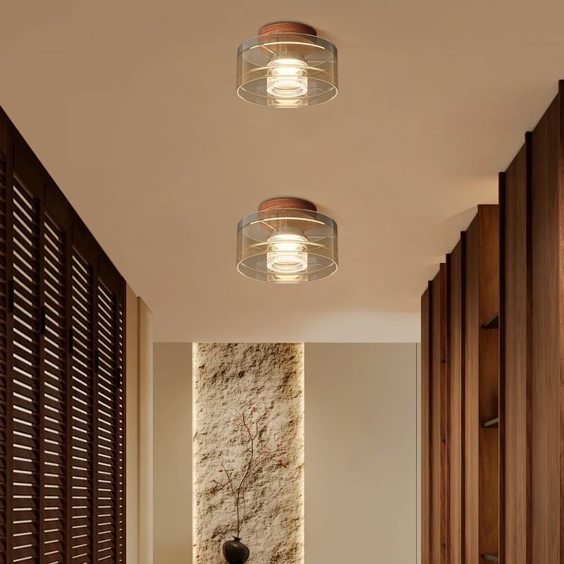 Light Luxury Amber Glass Layered Ceiling Light with Solid Wood Grain Base, Led Light in Nordic Style for Bedroom, Balcony, and Corridor