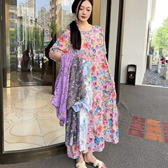 新しい綿シルクドレス半袖花柄レディースロングルーズスタイル春、秋、夏は大きいサイズのドレスの外で着用できます