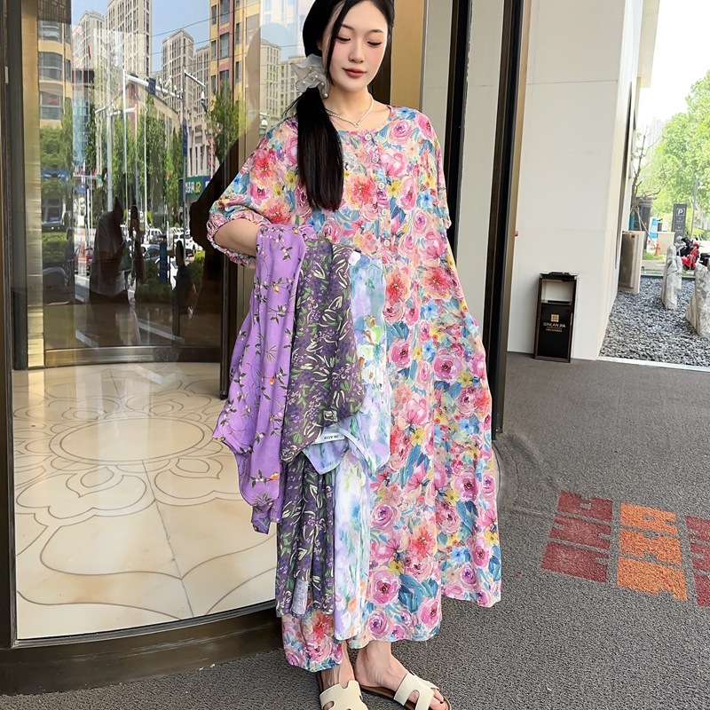 新しい綿シルクドレス半袖花柄レディースロングルーズスタイル春、秋、夏は大きいサイズのドレスの外で着用できます|undefined