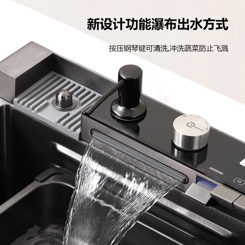 Lavabo de acero inoxidable, fregadero de cascada de lluvia de ballena, fregadero de cocina, fregadero de pantalla digital multifunción de un solo tanque grande de acero inoxidable