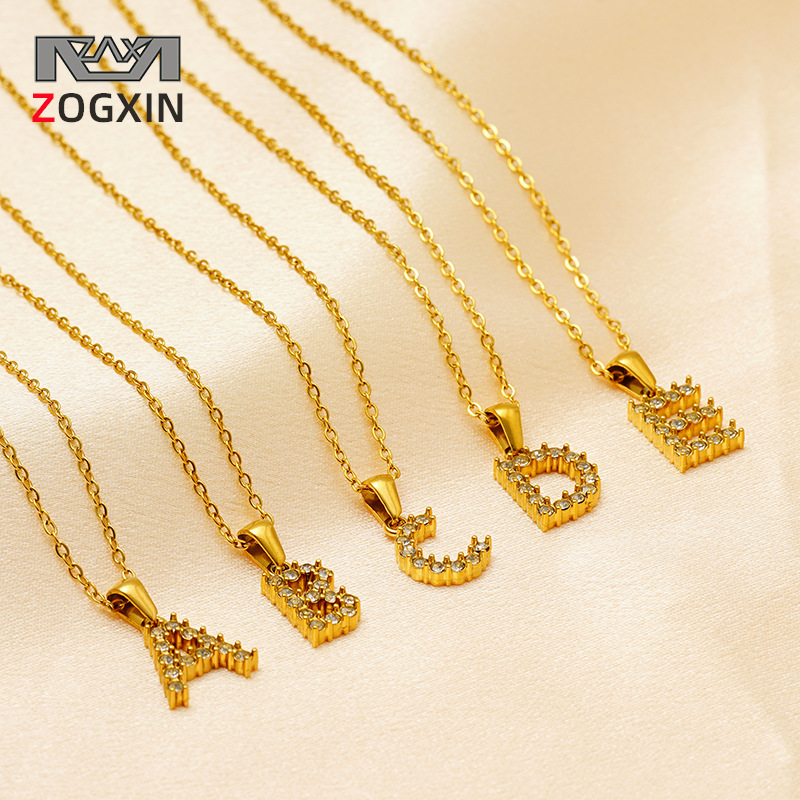 跨境欧美时尚26英文字母十字链饰品高级感小众镶嵌白锆石项链批发