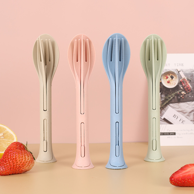 Creative wheat straw three-in-one portable knife and fork spoon household plastic spoon Fork wheat Western food tableware suit