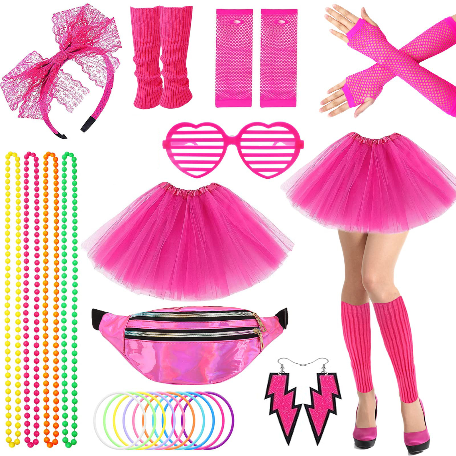 1980s fiesta de baile fiesta fiesta de color neón diadema diadema aretes red de pesca guantes piernas conjunto cálido conjunto de falda tutu