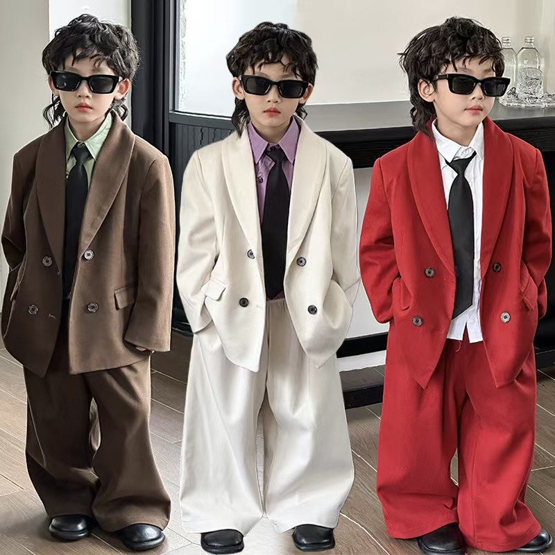 Woolen cloth boys' suit suit ruffian handsome woolen coat children's suit boys casual flower girl host costume