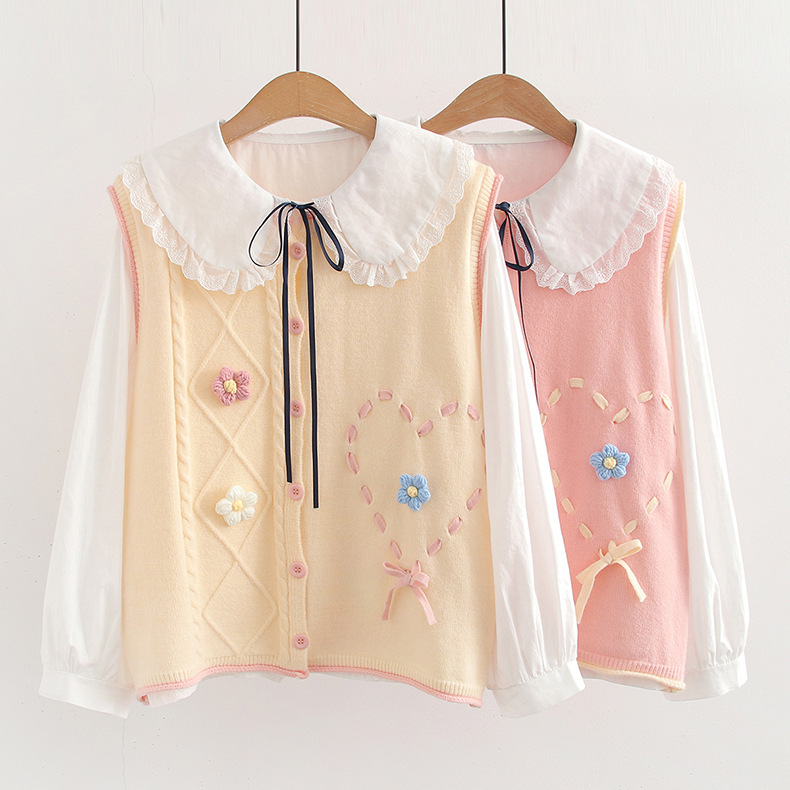 Mori girl's three-dimensional small flower love lace-up knitted vest girl's spring and autumn sweet sleeveless sweater vest women's tide