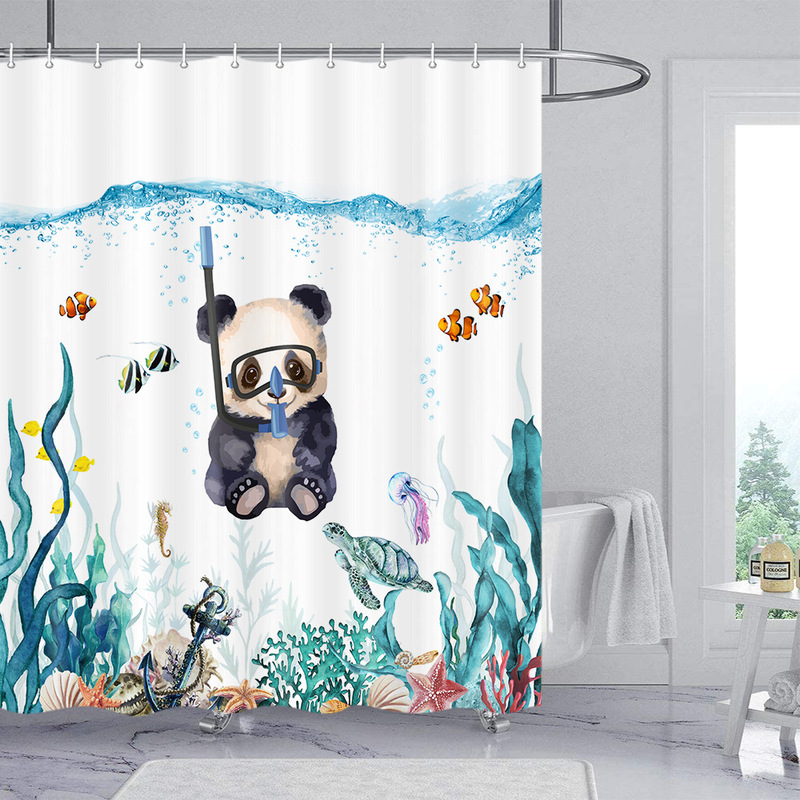 Cross-border Amazon hot sale shower curtain panda diving Funny bathroom bathroom curtain digital printing polyester partition curtain