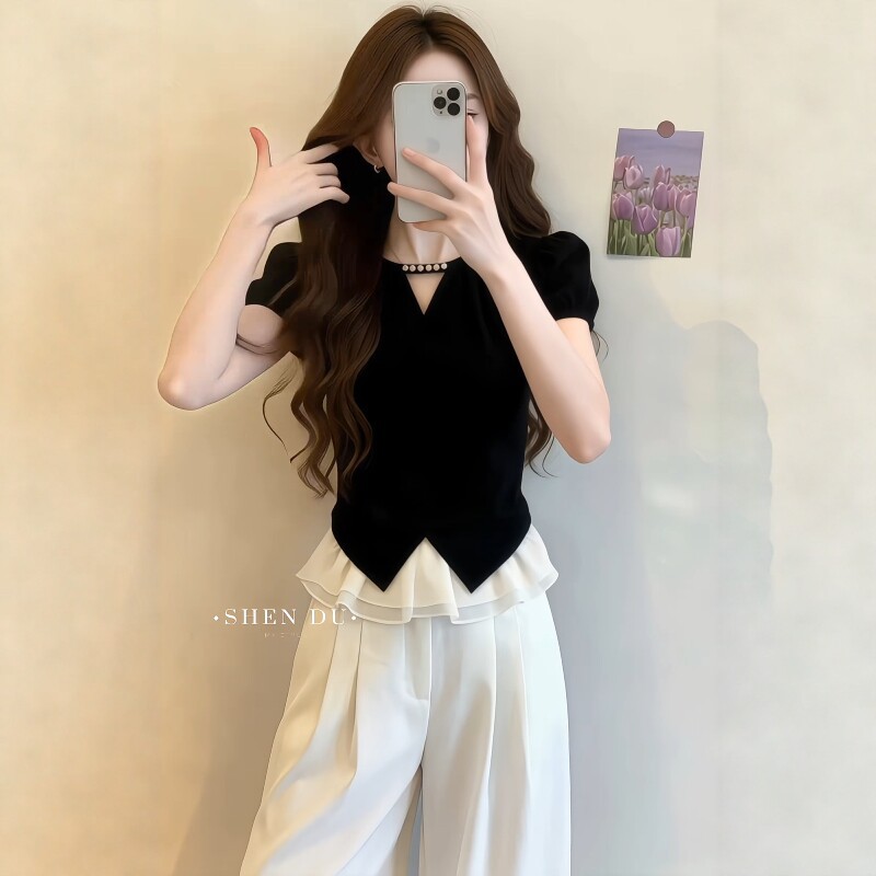Áo sơ mi nữ cổ V tay ngắn phong cách Pháp, thiết kế che khuyết điểm tôn dáng — màu đen chi tiết 3