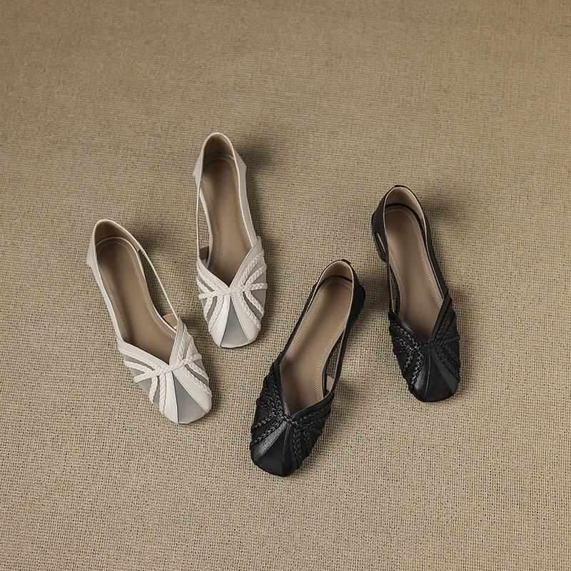 Sandal nữ da cừu mũi kín đế bệt phối lưới thoáng khí — đen chi tiết 2