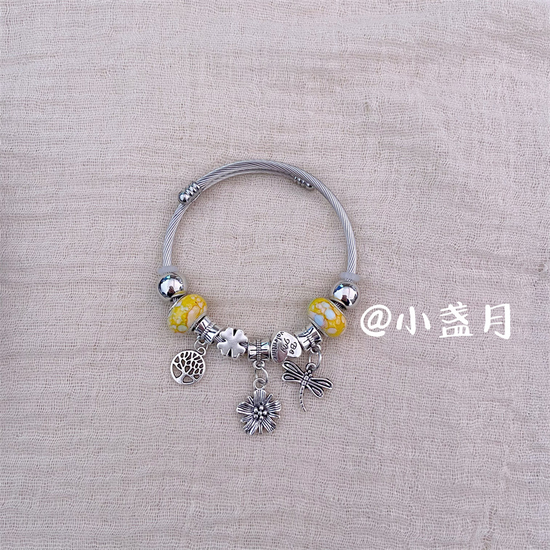 Pulsera de Acero Inoxidable Panjia Dora con Corazón y Oso, Pulsera Abierta con Cuentas para DIY, Joyería de Estilo Fresco, Éxito de Ventas en Amazon