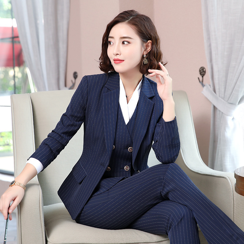 Blue Striped Suit suit Women's Business Wear Elegant Women's Business Dress Suit Vest Three-piece Work Clothes