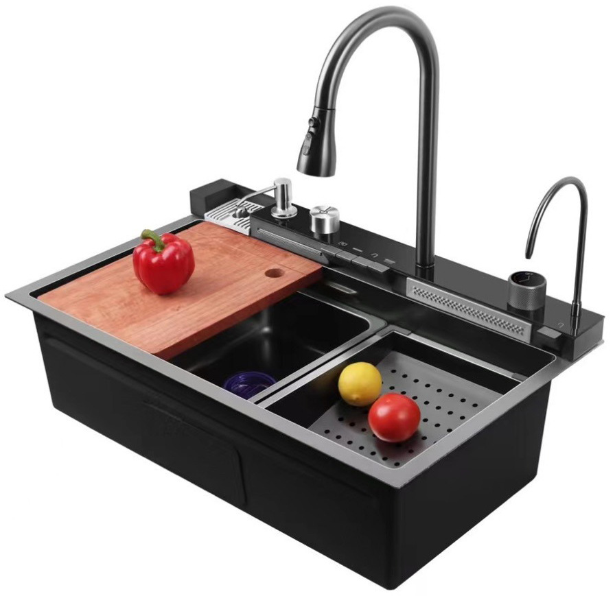Venta directa de fábrica, fregadero de cocina moderno de una sola ranura, multifuncional, de acero inoxidable negro cepillado, con diseño de cascada inteligente