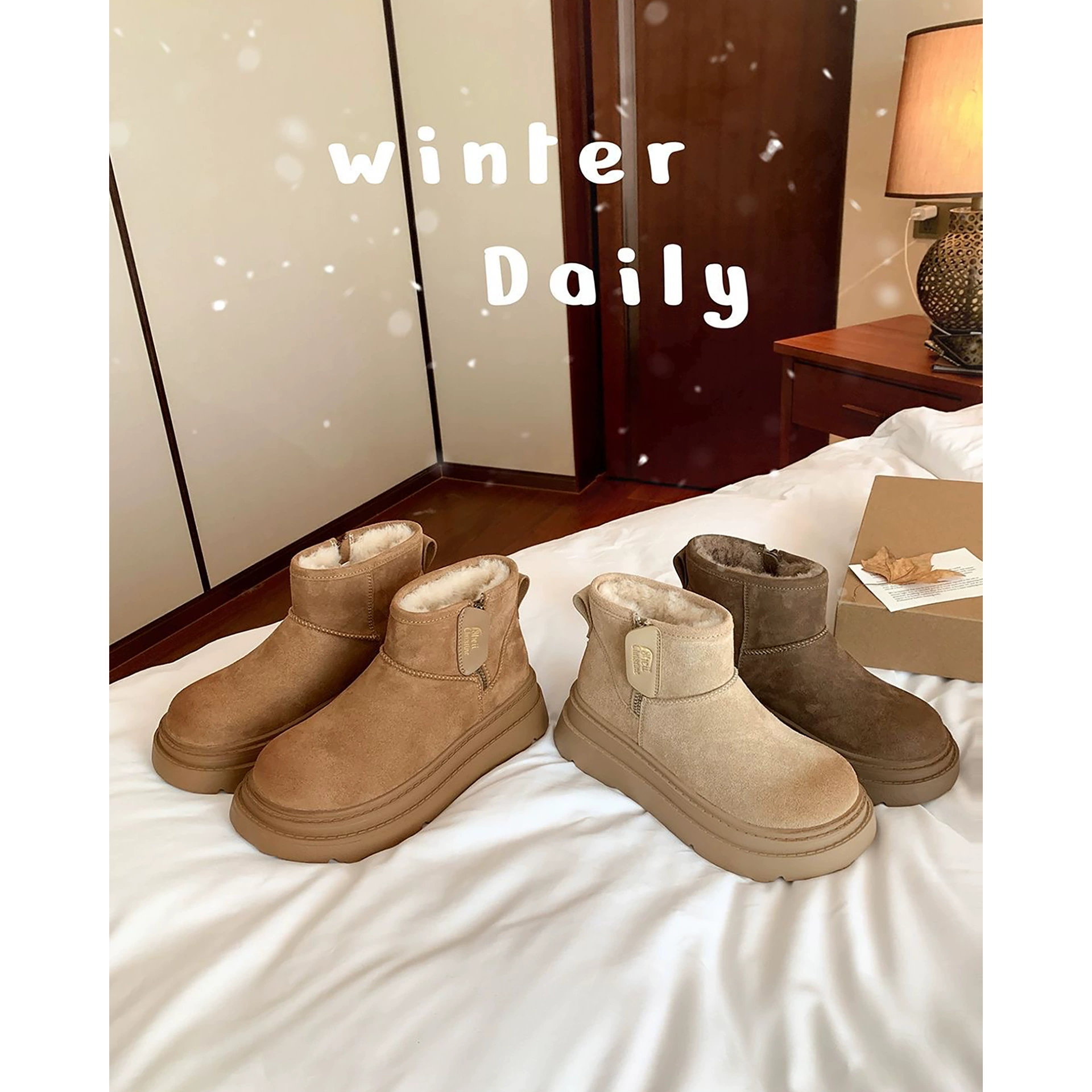 Fleece keep warm winter low boots with zipper platform, genuine leather