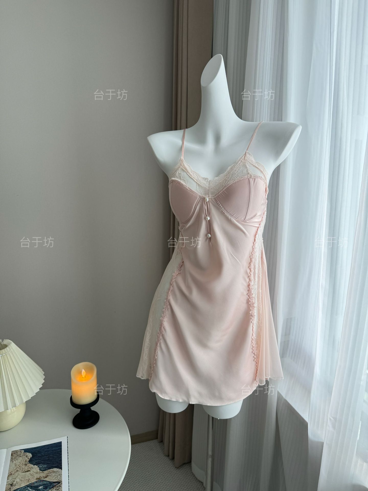 핑크 딥 브이넥 섹시 슬립