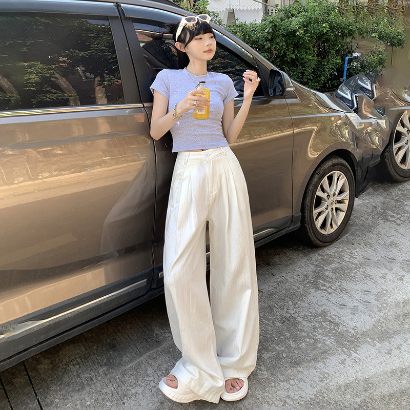 Mu Hanshe American Style Retro Loose Wide-leg Pants Summer White Dipped Breathable All-match Straight-leg Jeans for Women