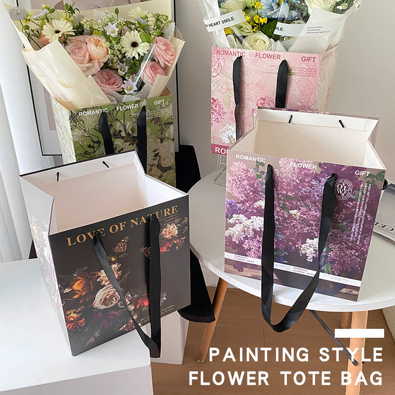 New Square Chinese Valentine's Day Oil Painting Series Bouquet Handbag Flower Packaging Bag Hug Bag Popular Gift Bag New Square Chinese Valentine's Day Oil Painting Series Bouquet Handbag Flower Packaging Bag Hug Bag Popular Gift Bag