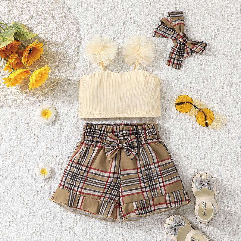 Suspender Solid Color Vest And Plaid Shorts Children's Clothing Two-piece Set display picture 1