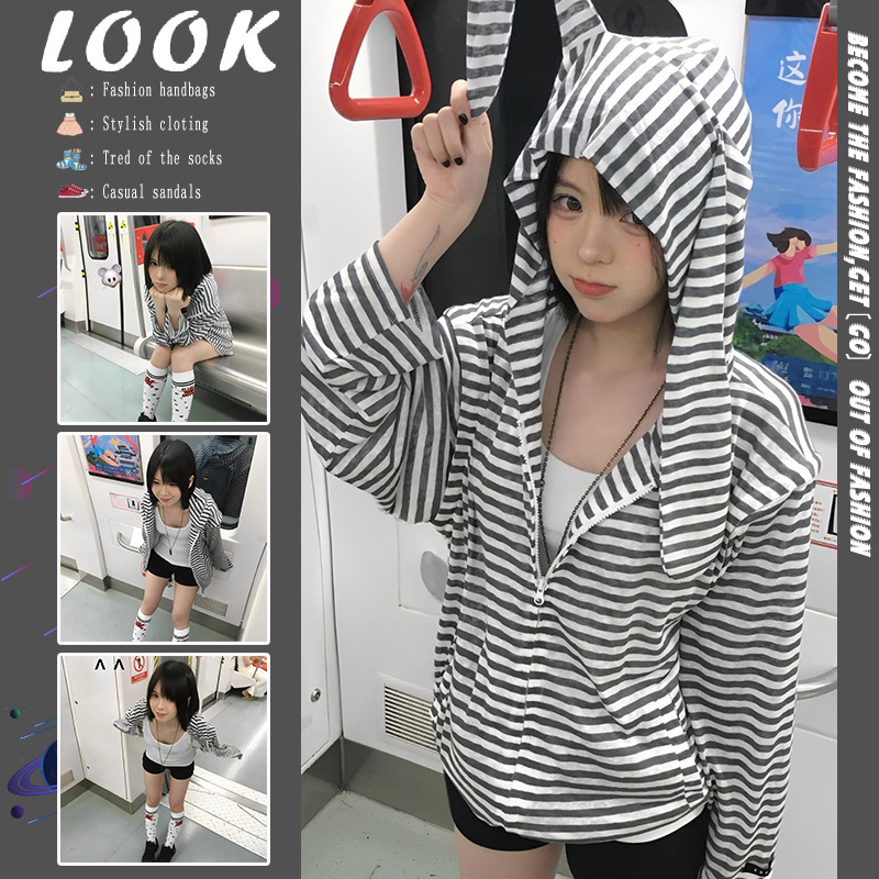 Sweet and Cool Long-Sleeved Sweatshirt for Women, New Autumn Style with Rabbit Ears, Hooded, Detachable Sleeves, Lazy Style, Versatile Top, Ins