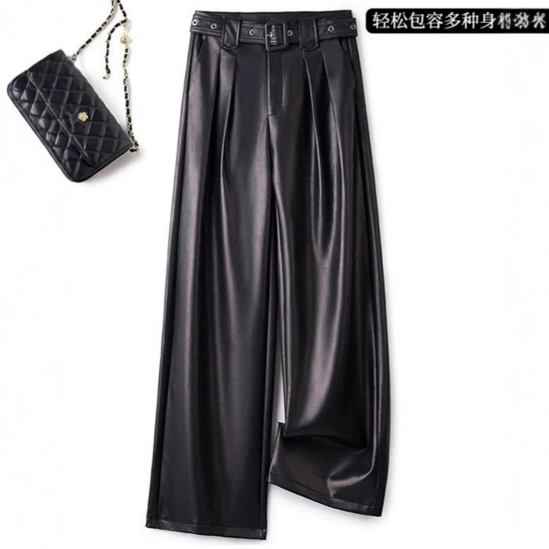 Elegant High-Waisted Wide-Leg Leather Pants for Women, Loose Fit, Slimming, Drapey, Floor-Length, Made of Sheepskin, Straight-Cut, Plus Size Elegant High-Waisted Wide-Leg Leather Pants for Women, Loose Fit, Slimming, Drapey, Floor-Length, Made of Sheepskin, Straight-Cut, Plus Size