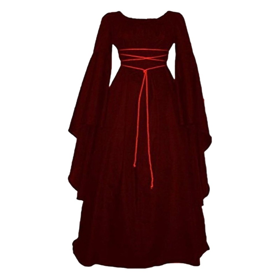 2023 New party long sleeve round neck belt irregular women's dress Halloween vintage clothing