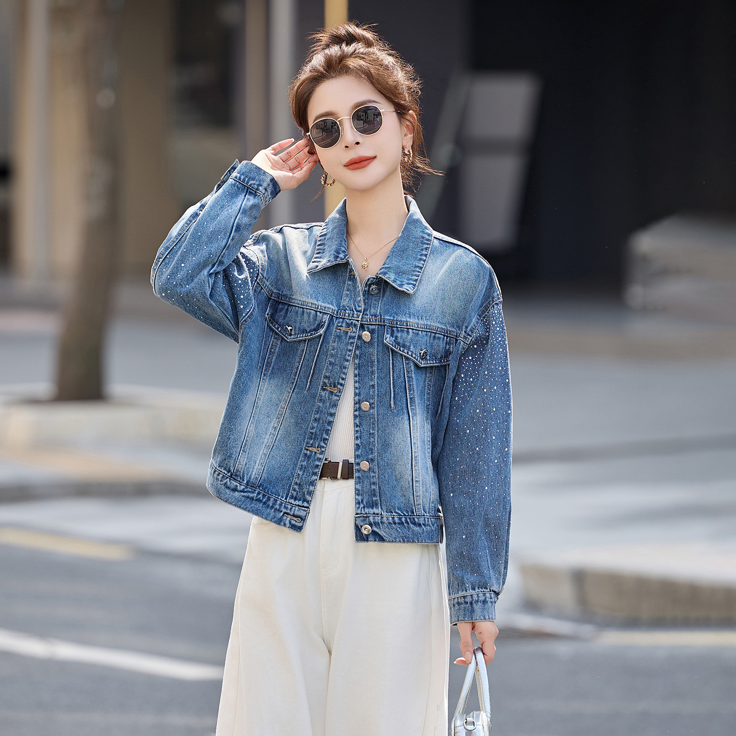 Rhinestone Denim Jacket, 2026 Spring New Style, Chic Jacket, Retro Loose Denim Top YF2705