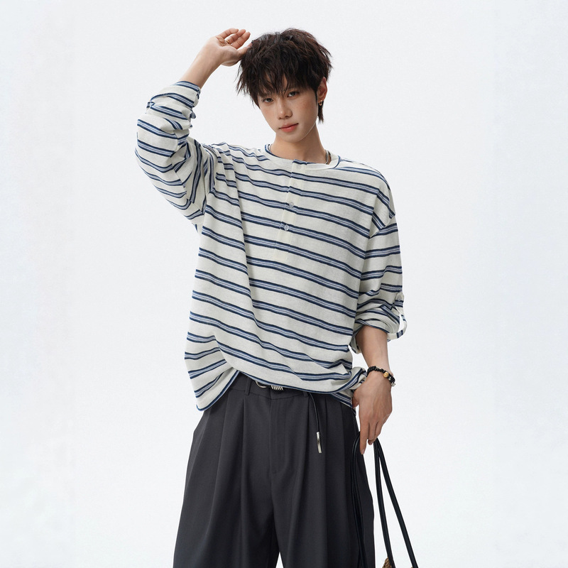 American-Style Black and White Striped Long-Sleeve T-Shirt for Men and Women, Summer Retro Lazy Style Sports T-Shirt, Heavyweight Trendy Brand Henley Shirt