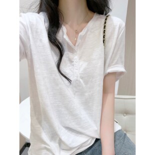 White T-shirt, V-neckline, loose fit, Korean style, plus size