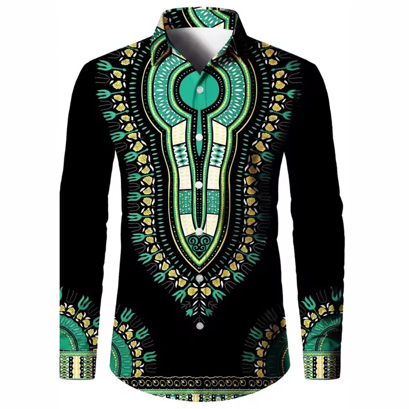 2025 Retro 3D Men's Lapel Shirt Men's Exquisite Ethnic Style Printed Slim Shirt Long Sleeve Top Shirt