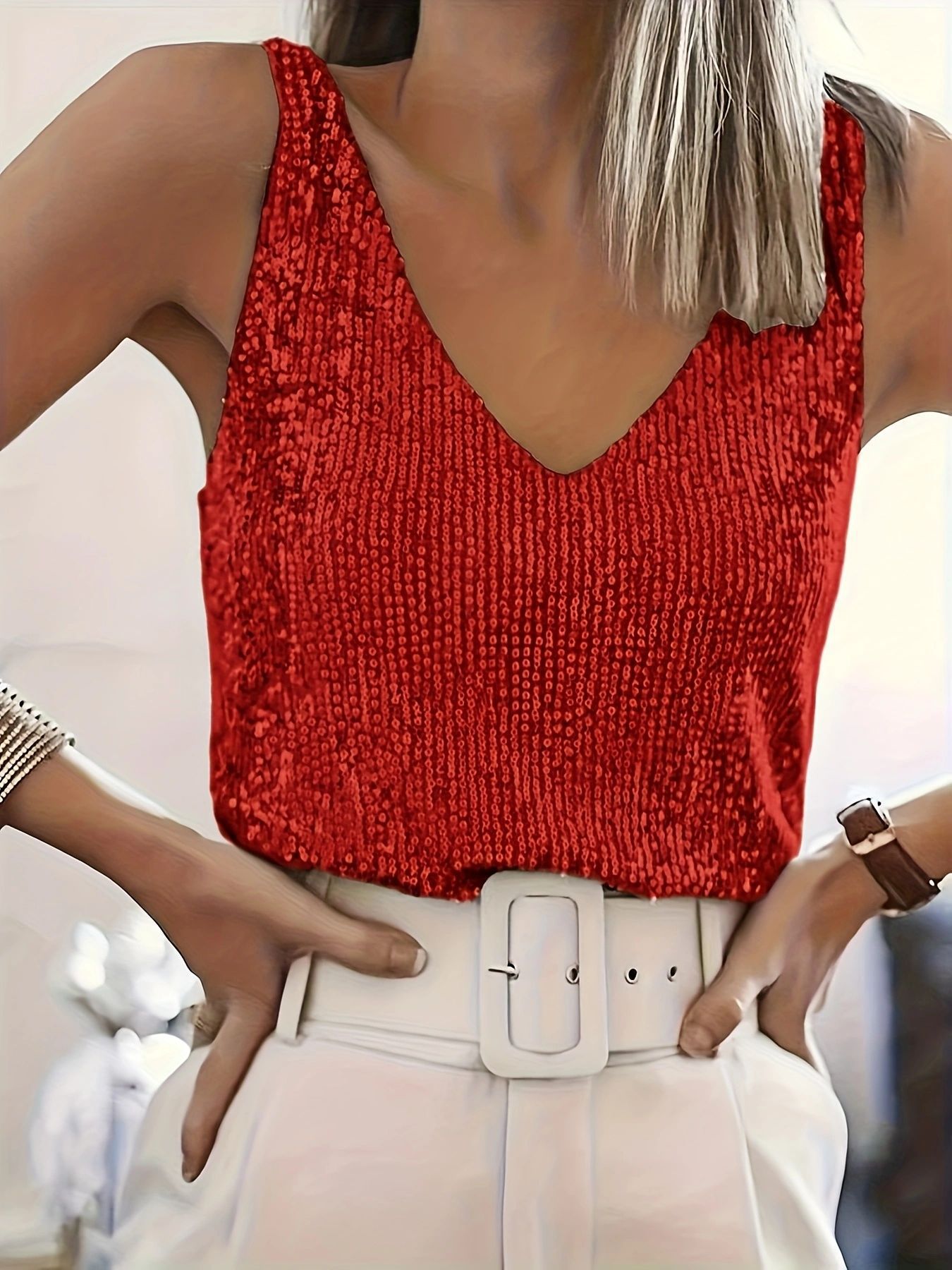 Cross-border European And American Shiny Tank New Women's Sequined Sleeveless Top, V-neck Sexy Base Shirt Top_ecoleips.com