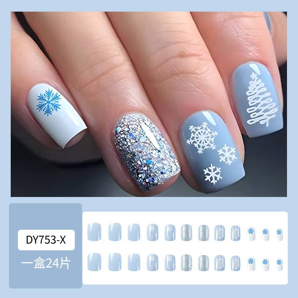 Navidad usable uñas belleza pieza azul y blanco copo de nieve parche de uñas europeo y americano caliente venta desgaste uñas acabado pieza de uñas al por mayor