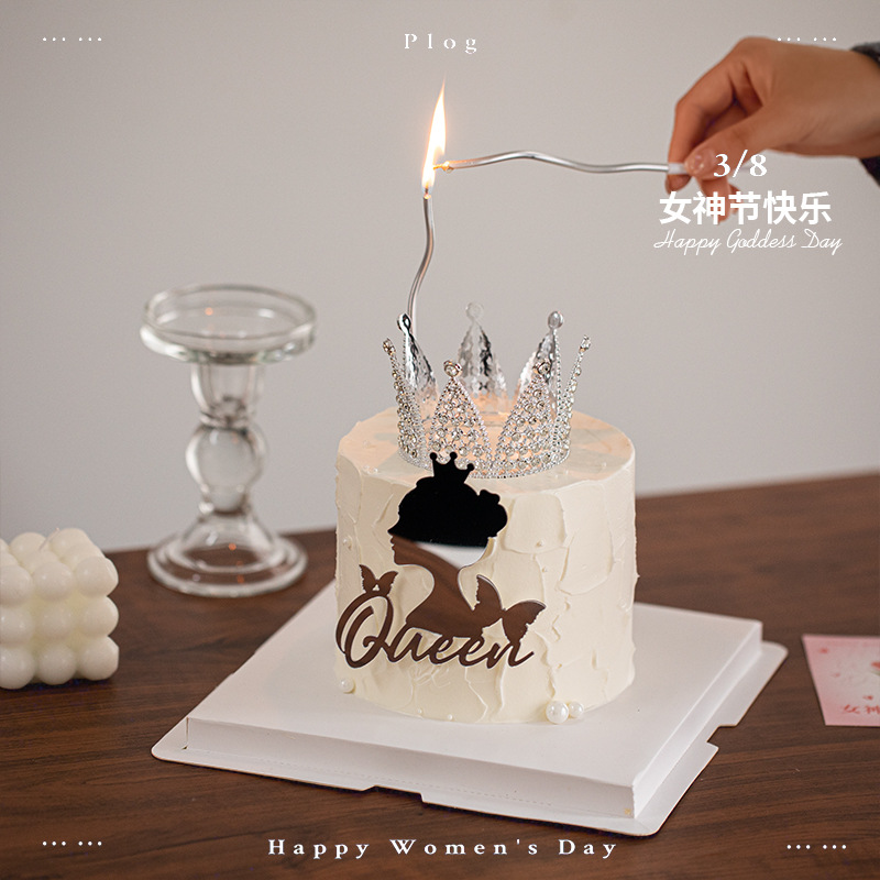 38 goddess festival Women's Day Crown Cake decoration queen acrylic advanced Silver queen card insertion