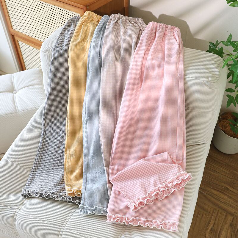 Pure Cotton Pajama Pants for Women, Cute Lace-Trimmed Long Pants, Summer Thin Style, Japanese-Style Walking Pants, Washed Cotton Loungewear Pants, Can Be Worn Outside