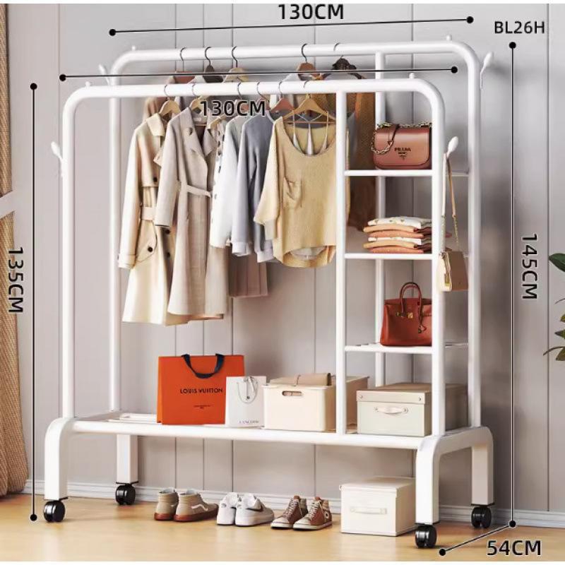 바퀴 달린 130cm 흰색 [양극* 측면 수납망 + 단층 선반] 옷걸이 4개