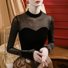 小立领亮丝网纱拼接丝绒小衫女喇叭袖洋气黑色2023秋季新款上衣