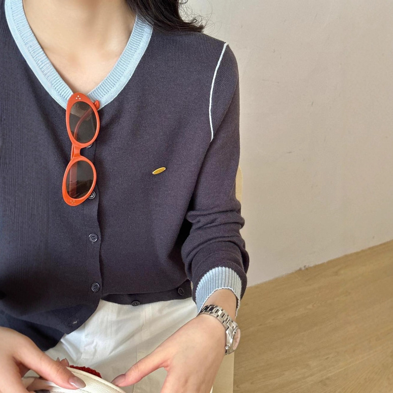 韩版拼色圆领单排扣针织开衫外套时尚标百搭秋季上衣女|undefined