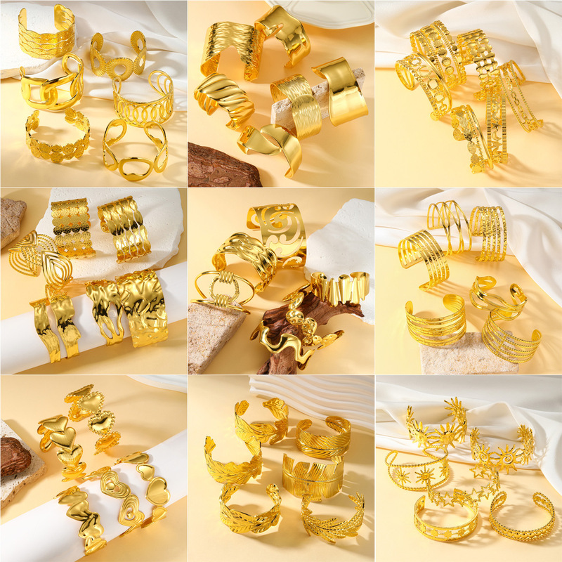 European and American New Style Color-Preserving 18K Gold Stainless Steel Bracelet for Women, High-End Flower and Leaf Design Open Titanium Steel Bracelet European and American New Style Color-Preserving 18K Gold Stainless Steel Bracelet for Women, High-End Flower and Leaf Design Open Titanium Steel Bracelet
