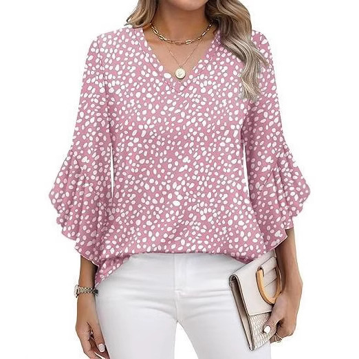 Amazon European and American Women's Shirt Casual 3/4 Sleeve Printed Top Women's V-Neck T-Shirt Flared Sleeve Shirt Women