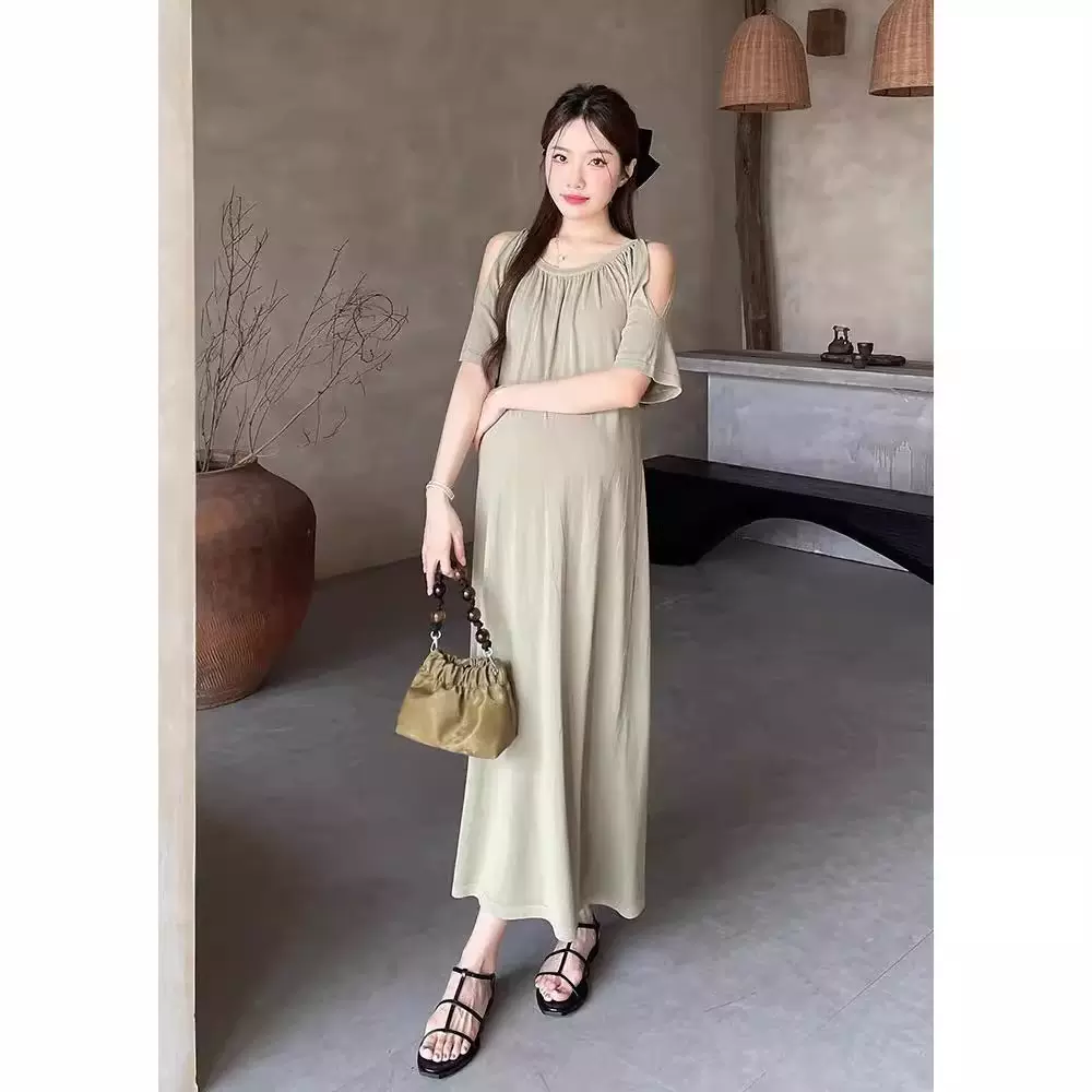 春夏新款孕妇连衣裙短袖露肩针织冰麻修身大摆显瘦连衣裙女